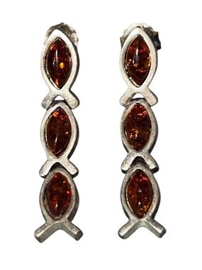 Vintage Baltic Amber Marquise Silver Drop Earrings